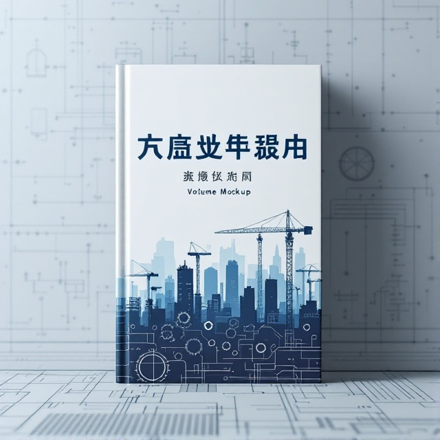 A striking silhouette of a skyline with cranes and partially constructed buildings against a backdrop featuring blueprints and technical drawings. Dominant colors include various shades of blue and gray, evoking a sense of innovation and precision. The skyline subtly merges with gears and circuit patterns to emphasize the theme of technology.