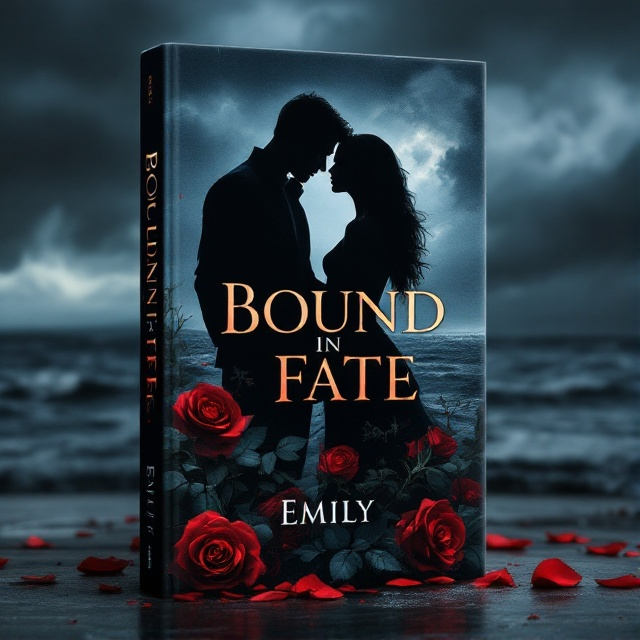 A shadowy silhouette of a couple stands against the backdrop of a stormy, overcast sky. Dark roses with slowly falling petals dominate the foreground, set against a background of rolling, turbulent ocean waves. The color palette is a mix of deep blues, grays, and blacks, with subtle highlights of crimson that symbolize lost love and fate.