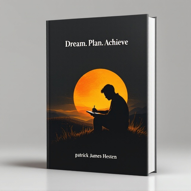 The cover features a striking illustration of a silhouette of a man sitting on a grassy hill, writing in a journal with a pen. Behind him, a golden sun rises majestically, casting a warm, hopeful glow across the scene. This rising sun symbolizes new beginnings and the journey towards success. The entire scene rests against a sleek, black background, accentuating the brightness of the sun and the peaceful imagery of the man writing.