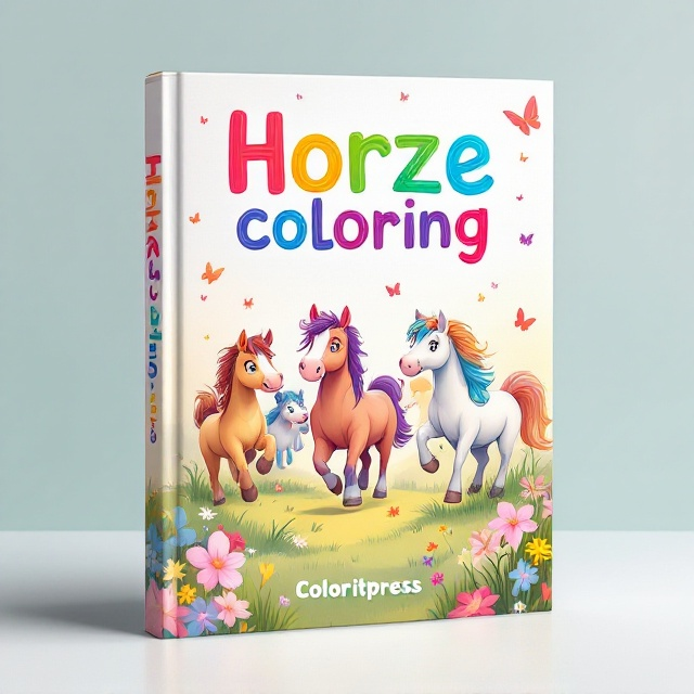 A vibrant and playful illustration featuring a group of cartoon horses in various colors prancing joyfully across a meadow. The background is a soft gradient of pastel colors, with scattered flowers and butterflies to enhance the whimsical setting.