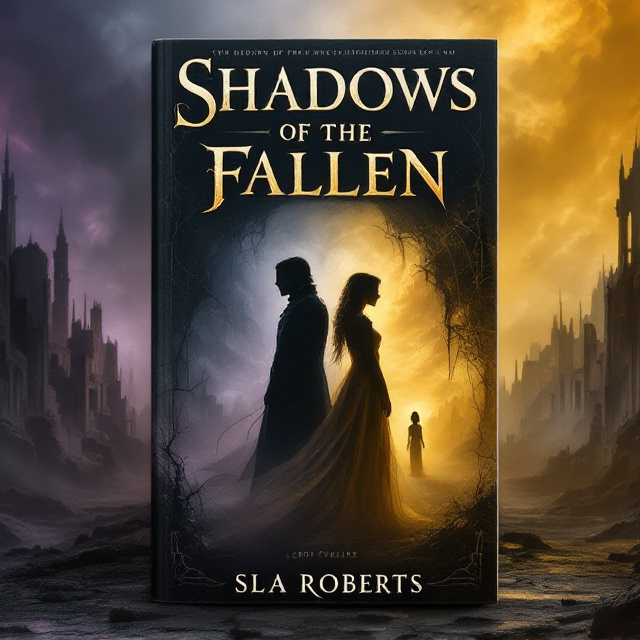 Raven and Aurelia stand back-to-back, centered on the cover, Raven enveloped in swirling dark shadows blending with dark purples and blues on the left side. Aurelia is illuminated by a golden, ethereal light that fades into the yellow-whites on the right. The backdrop is a desolate skyline of the ruined High City with crumbling structures. In the distance, a faint but distinct silhouette of Lady Eveline, half-shadowed, is visible, watching the scene.