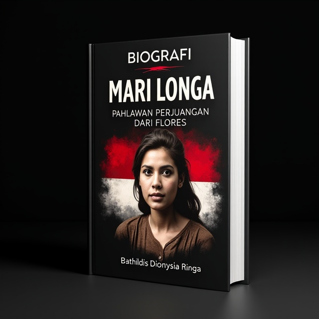 A striking black background serves as the base, with a sepia-toned photograph of Marilonga centered prominently. Behind the photograph, a faint, artistic rendering of the Indonesian flag in vibrant red and white subtly blends into the background. The text overlays the image in a balanced manner.