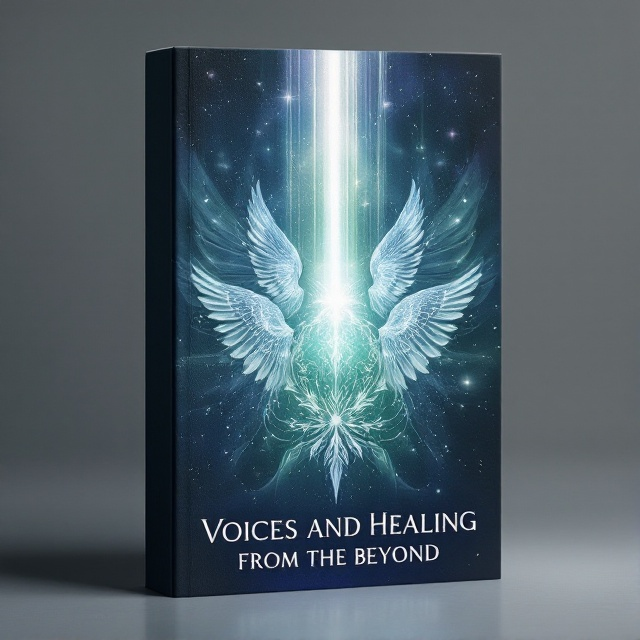 Ethereal angels are subtly integrated into the background, creating an interconnected arrangement. The center of the cover features a radiant ray of light piercing through dark hues of blue, green, and violet, culminating in a delicate, ornate motif signifying healing and self-growth. The scene is interspersed with shimmering silver and white highlights, imbuing a serene, hopeful aura.