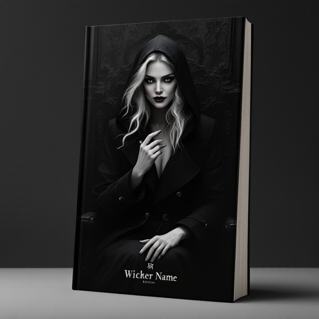 The cover features a stark, black background. Centered is a striking image of a white-haired woman in a black trench coat, seated with a commanding presence. She wears a hood that partially shadows her face, adding mystery. Her expression is wickedly charming, with a sly smile. One hand is raised gracefully, as if casting a spell. Subtle shadows ripple outward from her chair, enhancing the eerie, oppressive atmosphere.