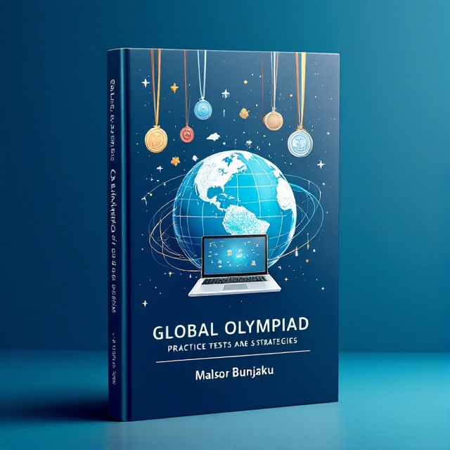 A large, detailed globe sits centrally on the cover, with a computer subtly integrated into the globe's design to signify the intersection of technology and global knowledge. Surrounding the globe are gold, silver, and bronze medals hanging as if orbiting. The overall design has a sleek, modern look, with an emphasized visual focus on education through a digital lens.