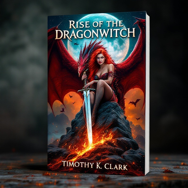 The cover features a red-haired warrior woman sitting on a prominent rock formation, gripping a sword with its tip embedded in the ground. Fire encircles the base of the rock. A massive red dragon is behind her, its enormous wings spread wide, with its head peering around her shoulder. Both the dragon and the woman are directly looking at the viewer. The background showcases a large full moon with silhouettes of smaller dragons flying across the moonlit sky. The color palette features fiery reds and deep blues, creating a dynamic contrast.