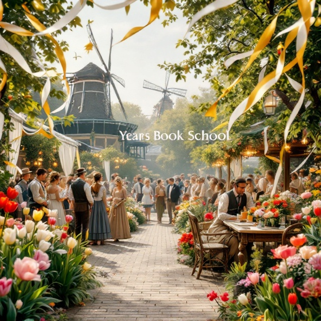 A vibrant scene depicting a lively garden party with guests in traditional Dutch attire, interspersed with classic school yearbook photos. The photos are superimposed onto the garden scene, providing a nostalgic yet festive view. The background features lush greenery with tulips and other flowers, typical of the Dutch era. Elements like windmills and antique furniture add to the historical atmosphere. Gold and white streamers weave through the scene, enhancing the celebration theme.