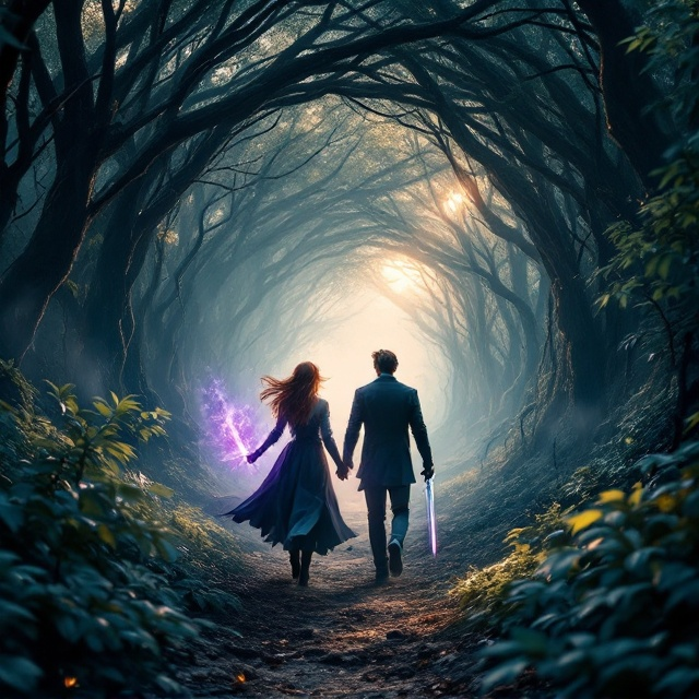 A vivid depiction of a mystical forest bathed in the soft glow of sunlight draped with mild darkness. In the foreground, a mousey brown-haired woman wields a gleaming sword. Beside her, a tall, dark-haired man strides with a blend of determination and camaraderie. Their stride is towards an enigmatic tunnel formed by intertwining branches. The woman's left hand emits a luminescent purple magic, casting ethereal shadows and reflecting off the leaves and the path ahead.