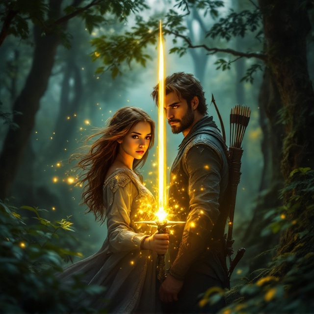 The cover features a richly detailed forest landscape. The girl with mousy brown hair, exuding soft yellow magic from her left hand, is forefront. Her right hand holds a gleaming sword reflecting the faint sunlight peeking through the thick canopy. Beside her is the tall, dark-haired man, the bow and arrow clearly visible on his back. Ethereal wisps of magic float around them, creating a sense of otherworldliness. Shadows loom in the background, suggesting hidden dangers within the mystical forest.