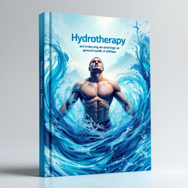 standing book mockup, Its title is "Hydrotherapy and enhancing the general health of athletes".  A vivid depiction of an athlete submerged in dynamic, crystalline water. The water swirls energetically around the athlete, creating a sense of motion and vitality. Light refracts through the water, casting shimmering patterns across the cover. In the background, faint outlines of adventure-like landscapes, perhaps mountains or a rising sun, suggest a journey of rejuvenation and strength. Bold, sans-serif fonts with a slight futuristic touch, signifying strength and modernity. The title is prominently placed and curved slightly to follow the flow of the water., The athlete is centered in the middle of the cover, surrounded by swirling water. The title arcs across the top, aligning with the water's movement, while any additional text is placed at the bottom, maintaining a clean and balanced look. The area where the author's name typically appears should be left completely blank, with no text or placeholder.