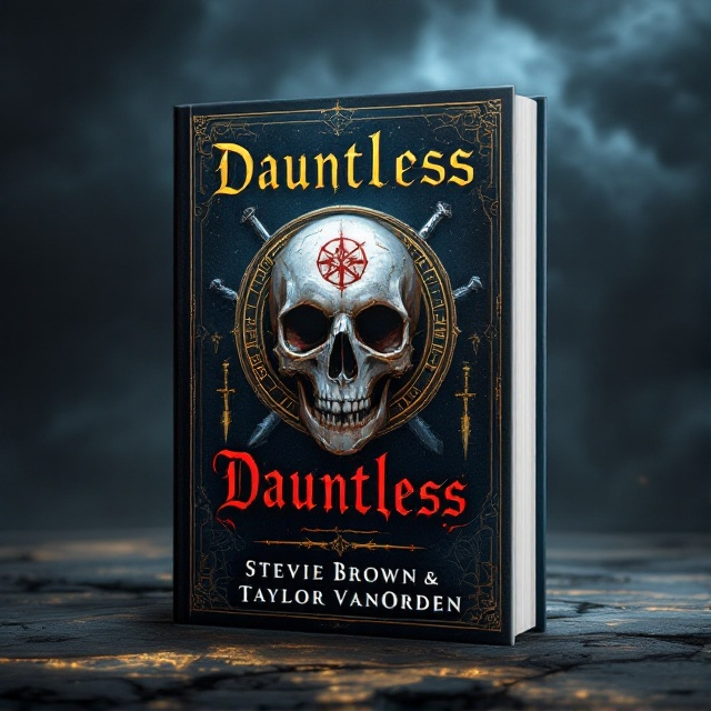 A dark, stormy background featuring swirling clouds and eerie shadows. At the center, a large emblem of a skull and crossbones, encrusted with runes and glinting as though forged from ancient steel. Surrounding the emblem, subtle ghostly imprints of swords and shields emerge from the darkness.