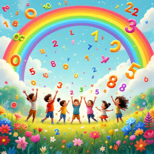 A vibrant, animated background featuring a meadow with a rainbow overhead, sprinkled with colorful, playful algorithmic symbols and digital patterns. In the foreground, a group of lively children joyfully interacting with large, whimsical, floating numbers and letters, all rendered in a cartoonish style. The colors are bright and engaging, with a mix of primary hues that grab attention.