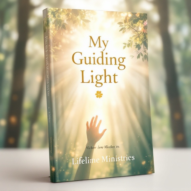 Soft pastel colors combined with an ethereal image of sunlight filtering through a grove of trees. In the foreground, a subtle silhouette of a guiding hand reaching towards the light, evoking a sense of guidance and spirituality. The overall design is gentle and soothing, embodying light and warmth with a hint of mysticism.