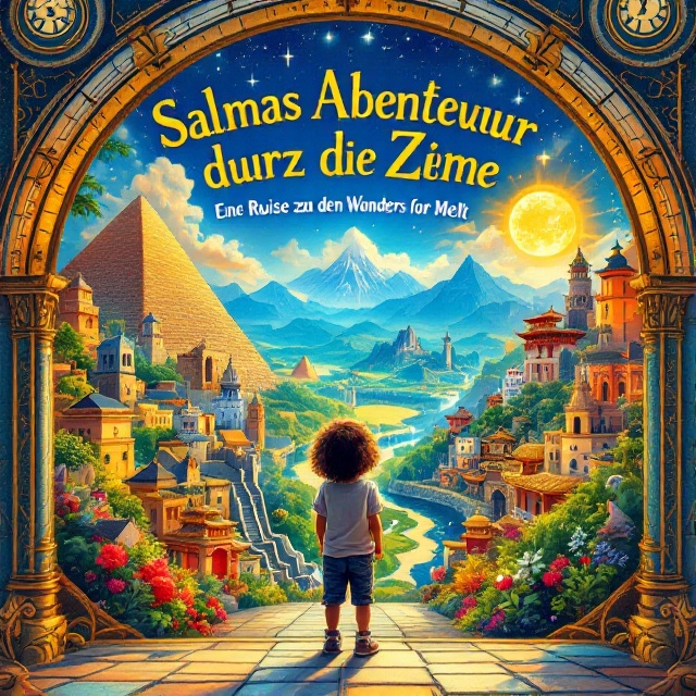 A captivating illustration of a young child, Salma, standing in awe before a sweeping view of various iconic wonders of the world, such as the Pyramids of Giza, the Great Wall of China, and Machu Picchu, all blended seamlessly into a vibrant, time-travel backdrop with swirling, clock-like elements.