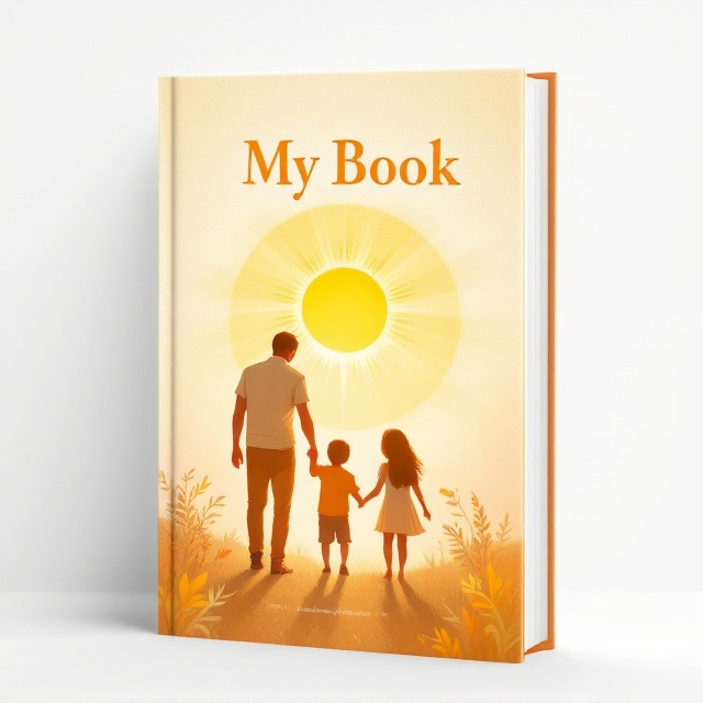 The cover features a serene illustration of a family of four—father, mother, son, and daughter—holding hands and facing a radiant sun. The sun is positioned centrally, casting a warm glow that envelops the family, creating a sense of unity and warmth. The background is a soft white, enhancing the overall brightness and positivity.