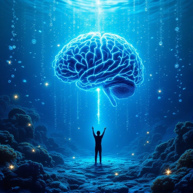 A mystical underwater scene featuring a serene, deep blue ocean. Chains of bubbles rise toward a luminous surface. A giant brain made of coral structures occupies the center, with neural pathways glowing like bioluminescent sea life. A figure of a human silhouette emerges from the brain, hands reaching upward, symbolizing ascension and connection. Swirling schools of fish encircle the brain, adding movement to the scene.