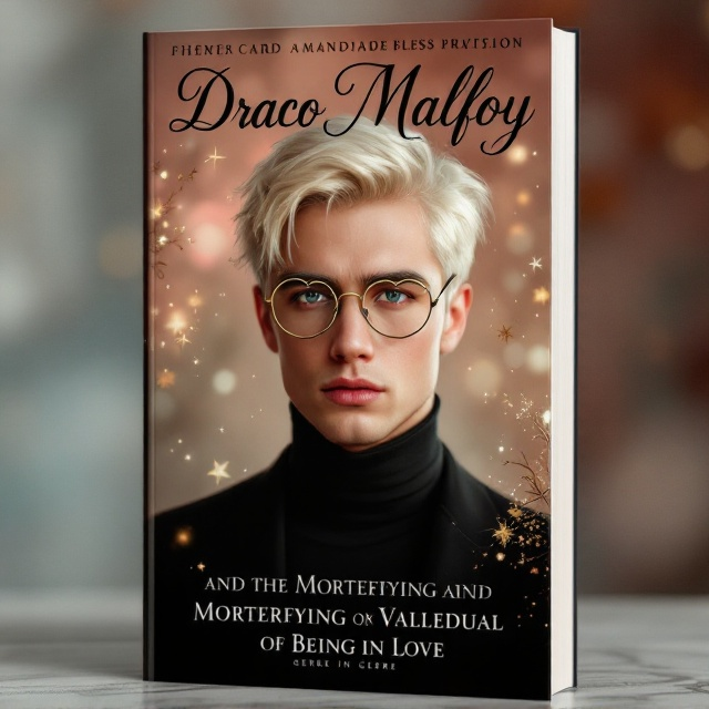 In the center of the cover, there is a man with short platinum blonde hair and striking gray eyes. He is dressed in an elegant black outfit that speaks of understated sophistication. His cheeks are flushed red with embarrassment, and a pair of whimsical heart-shaped glasses rest precariously on his nose. The background is a dreamy, soft-focus swirl of enchanted colors, blending hues of rose pink, warm ivory, and hints of shimmering gold accents that symbolize magic and romance.