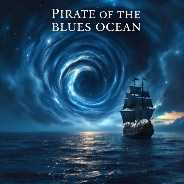A mysterious blue ocean at dusk, with a lone pirate ship silhouetted against a swirling, enchanting vortex in the sky. Ethereal mist hangs low over the water, glistening like stars. In the foreground, a ghostly pirate figure with radiant eyes stands on the ship's bow, sword raised towards the vortex.