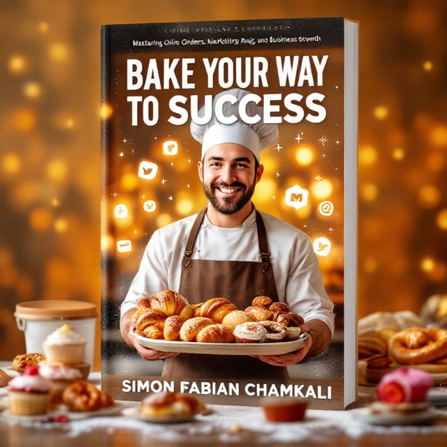 A vibrant scene with a smiling baker at the center, holding a tray of diverse baked goods like croissants, bagels, and cupcakes. Digital marketing tools such as a smartphone and a laptop with illuminated social media icons are placed prominently on the foreground. Above, a translucent overlay depicts dynamic social media posts, and reels with a faint, bustling community crowd in the background, all blended into a warm, orange-and-yellow gradient backdrop.