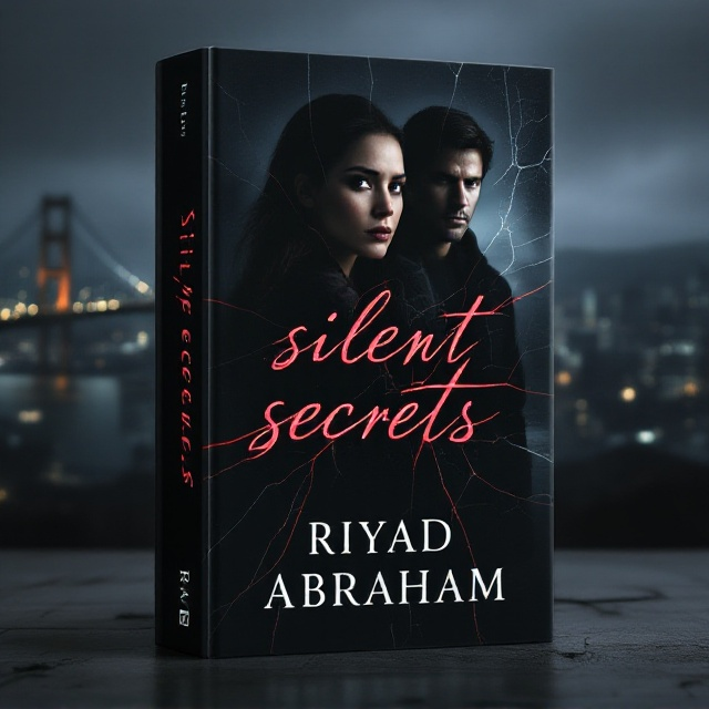 Dark and moody cityscape of San Francisco at night, with the Golden Gate Bridge partially visible in the background, shrouded in fog. Elena Morgan is depicted in the foreground from a side angle, her expression anxious and watchful. Daniel Rivers stands slightly behind her, his face partially obscured by shadows. A subtle red thread weaves through the cityscape, leading to a cracked mirror effect overlay, emphasizing themes of deception. Victor Crane appears as a shadowy figure in the distant background, adding menace.