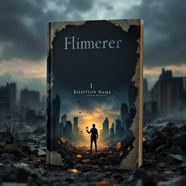 A desolate urban landscape in the foreground with crumbling skyscrapers against a dark, cloud-filled sky. A single figure stands in silhouette amidst the debris, holding a flickering lantern. Torn posters flutter on the remaining walls, hinting at rebellion.