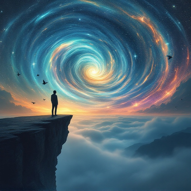 A figure standing at the edge of a cliff, gazing towards an enigmatic, swirling cosmos of stars and whirlpools of color. The horizon is obscured with a mysterious fog that contrasts against the vivid cosmic colors above, creating a balance between the known and unknown. Silhouetted birds fly towards the swirling sky, symbolizing the tension between freedom and isolation. Shadows stretch long, giving a sense of time frozen in a psychological duel.