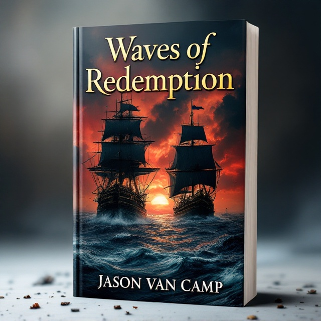 A stormy sea battling against the silhouette of two distinctly different ships—a large, formidable steam frigate and a nimble privateer sailing sloop—forming the central focus. The frigate is adorned with tattered flags and canon smoke, while the sloop sails delicately, cutting through the waves. The background is a tumultuous sky, casting a reddish hue of danger and imminent battle, with scattered fragments of ships' debris floating in the foreground.