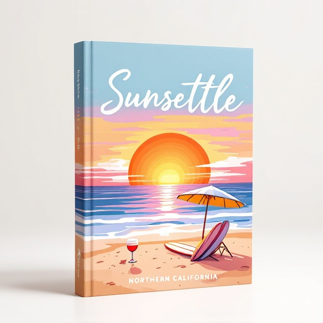 An illustration featuring a breathtaking sunset at the center of the cover, radiating warm hues of orange, pink, and purple across the sky. To the bottom of the sunset, there is a relaxed scene on a Northern Californian beach. A glass of wine and a pair of surfboards rest in the sand next to a tilted beach umbrella, creating a serene and inviting atmosphere. All elements are hand-drawn, exuding a comforting and joyful vibe.
