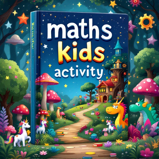 A whimsical fantasy scene featuring a colorful, enchanted forest with mythical creatures like unicorns and friendly dragons. The backdrop showcases giant mushrooms, sparkling stars, and mathematical symbols subtly integrated into the landscape, such as gears, numbers, and geometric shapes. The forest path leads towards a magical treehouse filled with books and puzzles.