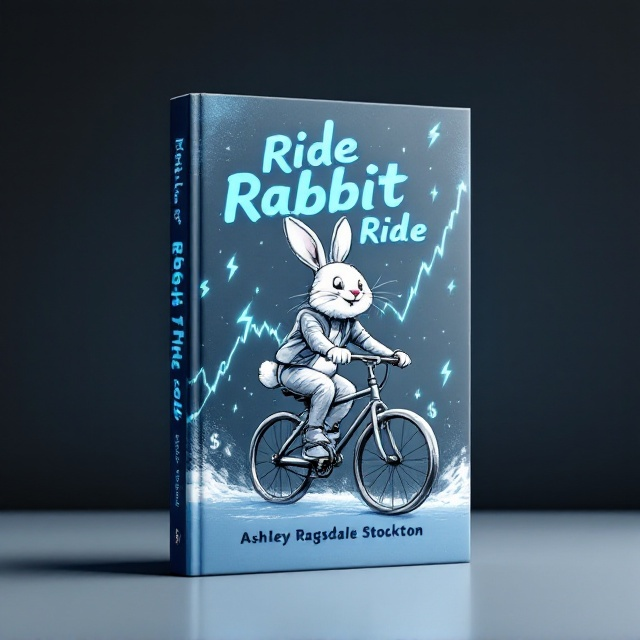 A black and white sketch of a cheerful rabbit energetically pedaling a bicycle takes center stage. In the background, a subtle, flowing stock market chart is depicted, showcasing an upward trend. Scattered throughout the cover are vibrant dollar signs and sharp lightning bolts, enhancing the sense of financial excitement. The primary color of the cover is a calming blue, creating an inviting and positive mood.