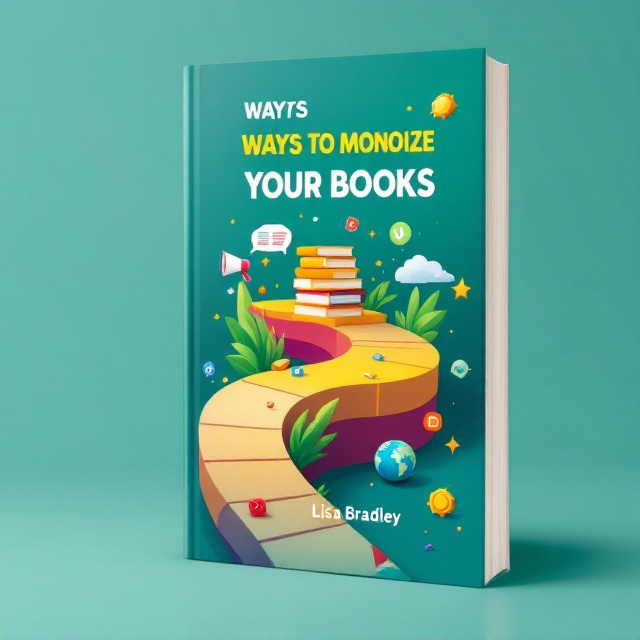 The cover features a winding path starting from a detailed pencil illustration at the bottom, ascending dynamically towards the top where a stack of golden books is prominently placed. Along the path, smaller elements such as a megaphone, a globe, and social media icons are strategically positioned to represent promotion and outreach. The vibrant color palette includes shades of green for growth, blue for inspiration, and accents of yellow to symbolize prosperity. The entire design has a flat 2D style for modern appeal.