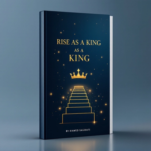 The book cover features a deep navy blue background with a smooth gradient effect to add depth. At the center, a minimalist gold crown sits slightly glowing, exuding power and success. Below the crown, thin, golden ascending lines form a path or staircase, subtly glowing, symbolizing a journey. Soft, glowing dots are scattered around the crown and staircase, invoking mystery and intrigue.