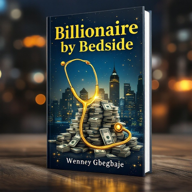 A dynamic cover featuring a golden stethoscope looping around stacks of money, set against a backdrop of a cityscape at night, symbolizing adventure and transformation. Small sparkles around the stethoscope and money pile enhance the feeling of excitement. The city skyline integrates seamlessly into the lower part of the cover, contributing to the sense of exploration and discovery.