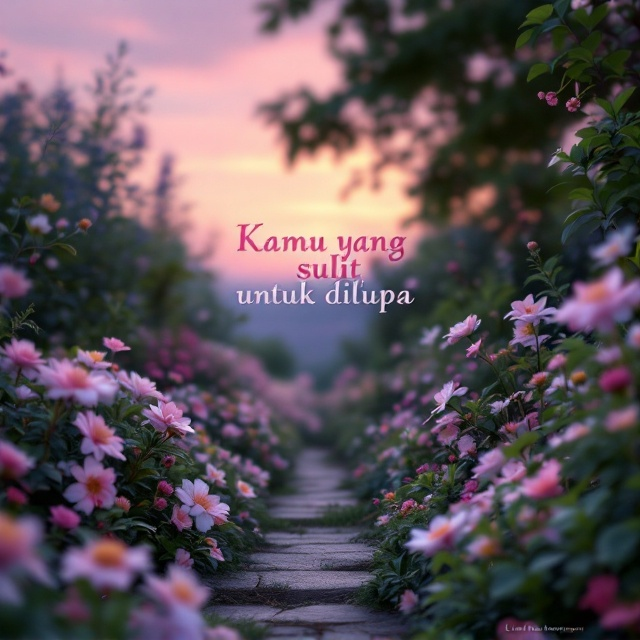 A tranquil garden at twilight, filled with a variety of soft pink and white flowers scattered throughout lush greenery. A narrow path leading deeper into the garden hints at mystery and introspection. The sky is a wash of pastel pink, casting a gentle glow over the scene, with shadows enhancing the sense of quiet solitude.