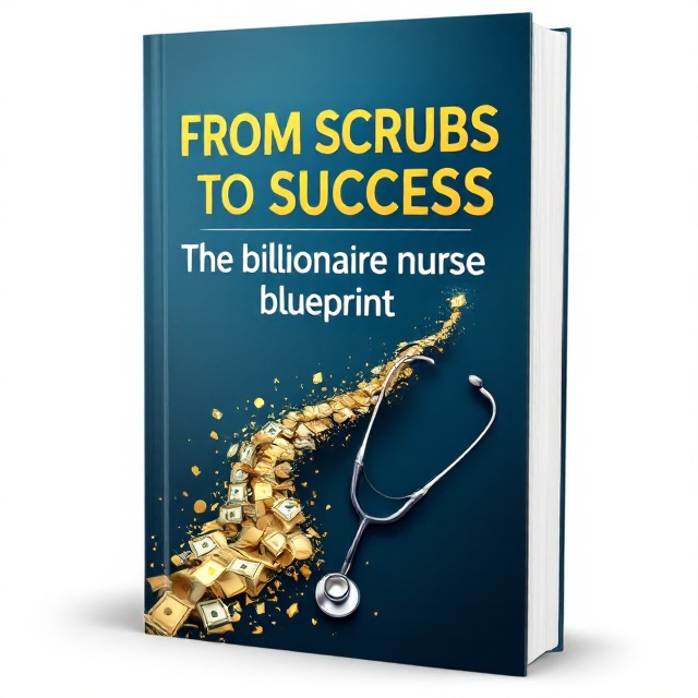 A stethoscope intertwined with a golden money trail, symbolizing wealth and transformation. The background is a gradient of blue and gold, representing the transition from scrubs (healthcare) to golden success (wealth). The image of a nurse's badge is subtly integrated into the design, adding a hint of identity and personal journey.