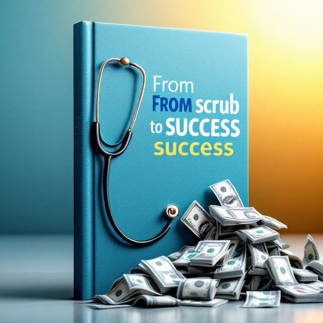 A stethoscope is prominently placed across a background that transitions from a hospital scrub blue on the left to a rich, golden hue on the right. In the foreground on the right side, dollar bills are cascading upwards, symbolizing financial success. The blend of colors and elements captures the essence of transformation and achievement.
