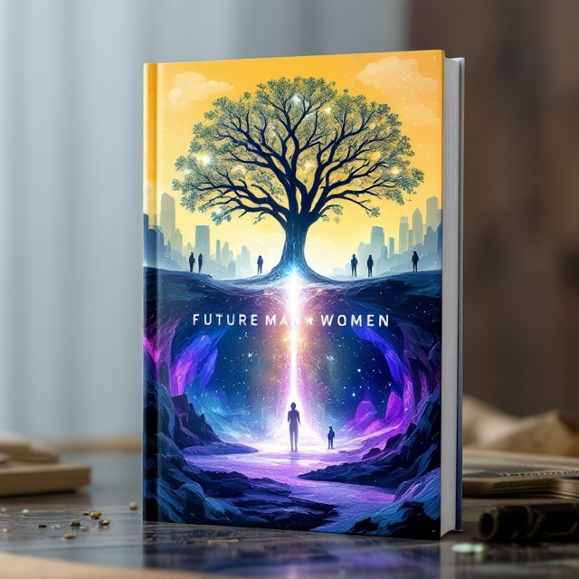 The cover is vertically split into two halves. The upper section features a sterile, futuristic city beneath a protective dome, depicted in shades of silver and white with toxic yellow hues in the sky. The lower section presents Inyouwatu, an underground sanctuary, alive with deep purples and blues from the glowing bioluminescent crystals. At the center, a large semi-transparent crystalline tree connects both worlds; its branches into the city and roots deep into the underground. Bright, small particles of light hover around this tree, adding a sense of mystery and awakening. Human figures are placed within each world, creating a contrast between rigid uniformity above and fluid, natural movement below.