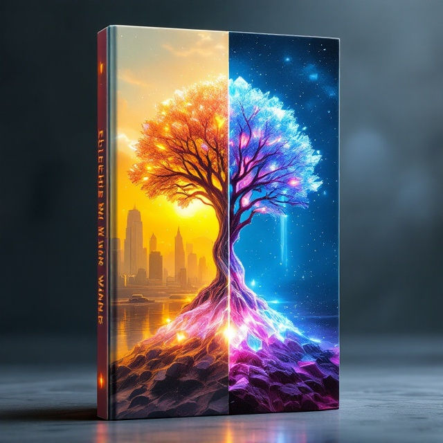 A photorealistic digital rendering that vertically splits the cover into two contrasting halves. The top half displays a futuristic, sterile city encased in a protective dome, highlighted with sterile whites and silvers, accentuated by a toxic yellow sky in the background. The lower half showcases the vibrant and organic sanctuary of Inyouwatu, illuminated by deep purples and blues of bioluminescent crystals. Central to the design, a crystalline tree with transparent branches and roots connects both worlds, exuding bands of light and drifting particles, symbolizing life energy amidst contrasting environments.