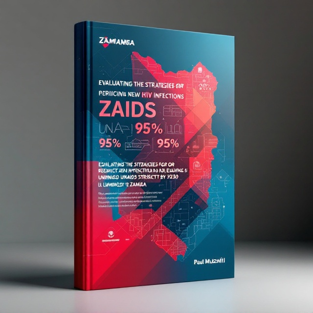 A striking image of a large, stylized infographic map of Zambia dominates the background, rendered in shades of red and deep blue to echo urgency and professionalism. Diagonally layered on top are semi-transparent geometric shapes, symbolizing the systematic approach in evaluating strategies, while the 95% 95% 95% UNAIDS target numbers are subtly integrated into these shapes.