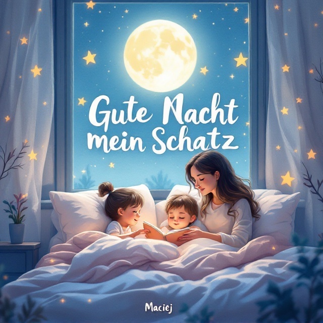 The cover features a soft, dreamy illustration of a cozy bedroom scene. Two small children, a girl and a boy, are nestled under a warm blanket in their bed. A gentle, loving mother sits beside them, reading a book with lively expressions. The room is softly lit by a dim, glowing moon outside the window, casting a serene ambiance. Bright stars decorate the night sky visible through the window, evoking a sense of wonder and calm. Colors are pastel and soothing, with plenty of light blue, soft pink, and warm beige tones.