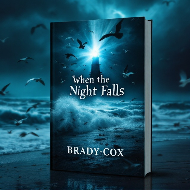 A dark, atmospheric beach scene under a starless night sky with the menacing silhouette of a distant lighthouse. The lighthouse's light beam slices through the gloom, casting shadows and illuminating the stormy waves crashing against the shore. Seagulls fly in chaotic patterns, some dipping dangerously close to the water, symbolizing the intertwining emotions of fear and hopelessness. The beach appears desolate but holds a mysterious charm, hinting at both peril and allure.