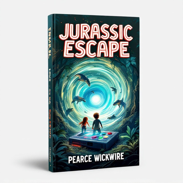 standing book mockup, Its title is "Jurassic Escape". Its author name is Pearce Wickwire.  The cover features a dynamic scene where a boy and a girl, looking surprised and adventurous, are being pulled into a mesmerizing digital whirlwind emerging from a vintage gaming console. Dinosaurs with vivid scales are leaping out towards the readers from this whirlpool, evoking a sense of action and thrill. The background is lush and jungle-like, reminiscent of Jurassic landscapes, with towering trees and prehistoric foliage, creating a thrilling and enticing atmosphere. The book title "Jurassic Escape" is boldly written in a rugged, prehistoric-style font with a slight digital glitch effect, symbolizing the transition from game to reality. The author's name, Pearce Wickwire, is placed at the bottom in a clean, modern font, ensuring clarity and distinction., The title is prominently placed at the top, slightly curving to follow the flow of the digital vortex. The central image of the boy, girl, and dinosaurs dominates the middle of the cover, while the author's name is strategically positioned at the bottom center. The background displays an intricate jungle setting extending to the edges of the cover.