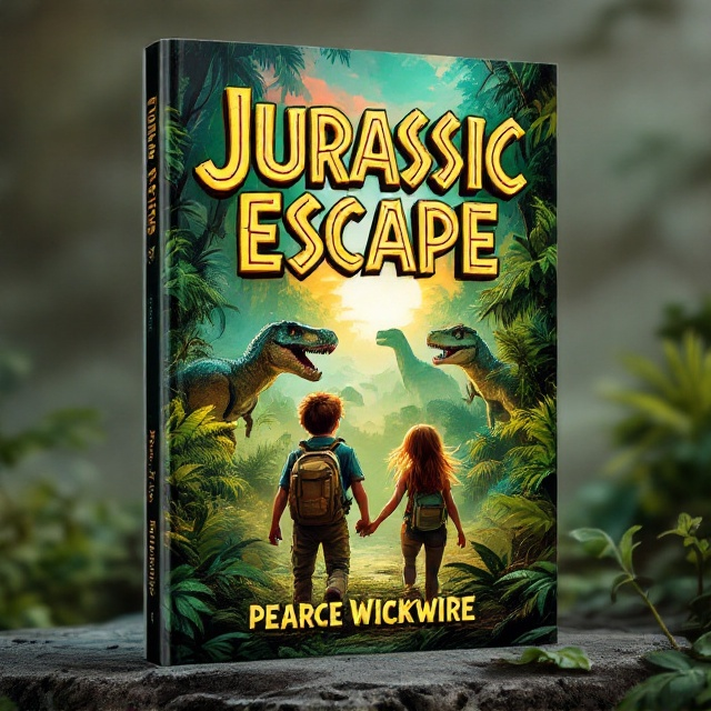 The cover features a dynamic, illustrated scene with a vibrant jungle backdrop, showing towering green ferns, thick vines, and misty vapor to evoke a prehistoric feeling. In the forefront, a 12-year-old boy and girl are captured in mid-action, eyes wide with curiosity and excitement as they navigate this prehistoric landscape. They are positioned slightly off-center, enhancing the depth and energy of the scene. Around them, majestic dinosaurs, including a towering brachiosaurus and a curious velociraptor, roam to create a thrilling atmosphere akin to Jurassic Park. The sky is a blend of sunset hues that casts an adventure-worthy glow over the entire scene.