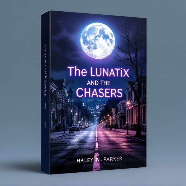 A split-design cover depicting two contrasting scenes of the same street. On the left, a rundown and chaotic part of town with flickering streetlights casting eerie shadows. The right side is a pristine, upscale neighborhood under the same nighttime sky. A large, luminous moon hangs above, linking both sides. The transition between the scenes gradually blurs, suggesting an intersection of worlds.