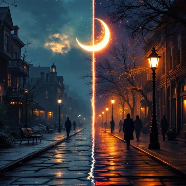 A striking divide runs down the middle of the cover, with the left side representing a messy, chaotic part of town featuring dimly lit streetlights, cracked pavements, and shadowy structures under a partially obscured moon. The right side contrasts with the left, showcasing a vibrant and elegant street lined with antique streetlamps and polished sidewalks, bathed in ethereal moonlight. Subtle hints of silhouettes suggest figures moving through each side, creating a sense of intrigue and movement.