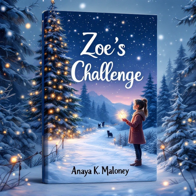 A whimsical, snowy landscape featuring a winding path lined with twinkling Christmas lights leading towards a towering, enchanted pine tree adorned with luminous ornaments. Flurries of snow gently fall and sparkle against a twilight sky, creating a magical winter atmosphere. In the foreground, a young girl, Zoe, stands looking confidently towards the tree, clutching a small, ornate magical artifact. In the backdrop, faint silhouettes of mythical creatures peak through the snowdrifts, suggesting mysterious adventures that lie ahead.
