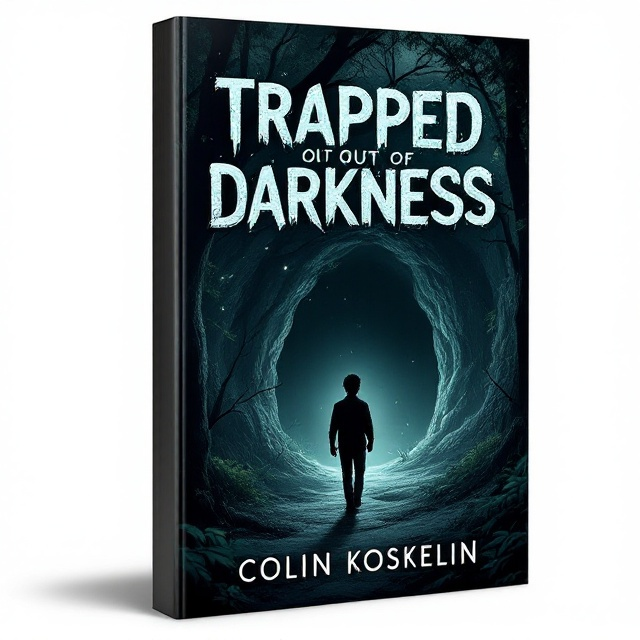 The cover features a dark, ominous cave entrance surrounded by dense forest foliage. In the foreground, a shadowy figure of a boy is seen hesitantly stepping towards the cave. Subtle elements of paranormal activity, like faint glowing orbs, are incorporated within the shadows. The background is shrouded in mist, enhancing the mystery and suspenseful atmosphere of the scene.