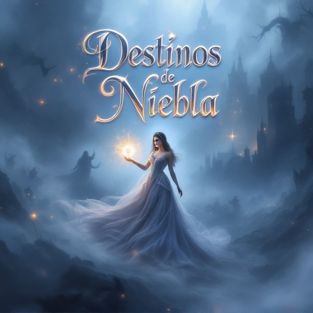 The cover features a mystical landscape shrouded in thick, swirling mist. At the forefront, a regal princess stands tall, her flowing gown blending with the mist. In her hand, she wields a glowing scepter with a vivid magical aura. The background shows faint silhouettes of an epic battle in the fog, with ethereal hints of enchanted castles and creatures. The color palette uses deep blues, purples, and shimmering silver to evoke a sense of mystery and enchantment.