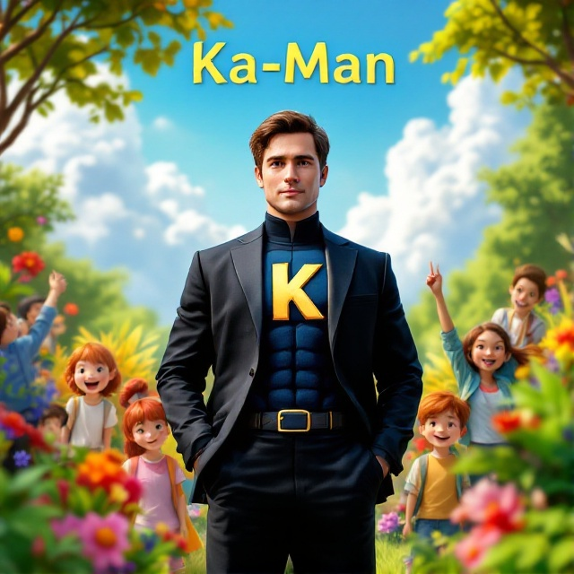 A vibrant garden scene with vivid colors depicting lush greenery and bright flowers. In the foreground stands a tall man with short hair and brown eyes, wearing a black suit with a glimpse of a dark blue superhero costume underneath. The gold letter "K" is prominently displayed on his chest. Surrounding him are cheerful students and a smiling redhead woman teacher. The background features a clear blue sky with fluffy white clouds.