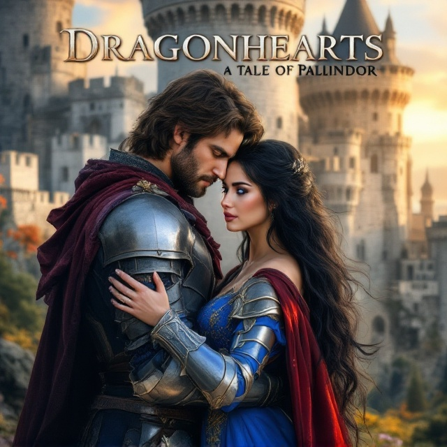 The cover features a picturesque, romantic scene set against a backdrop of a majestic stone castle. A stoic man with medium-length brown hair, dressed in fantasy-style clothes with silver armor and a flowing red cloak, lovingly embraces a beautiful woman. Her striking sapphire blue eyes mirror her long, flowing black hair, and she's wearing a sapphire blue dress paired with elegant silver armor. The scene is bathed in soft, hopeful lighting, with the warm glow of a setting sun casting gentle shadows, highlighting the loving connection between the two characters.